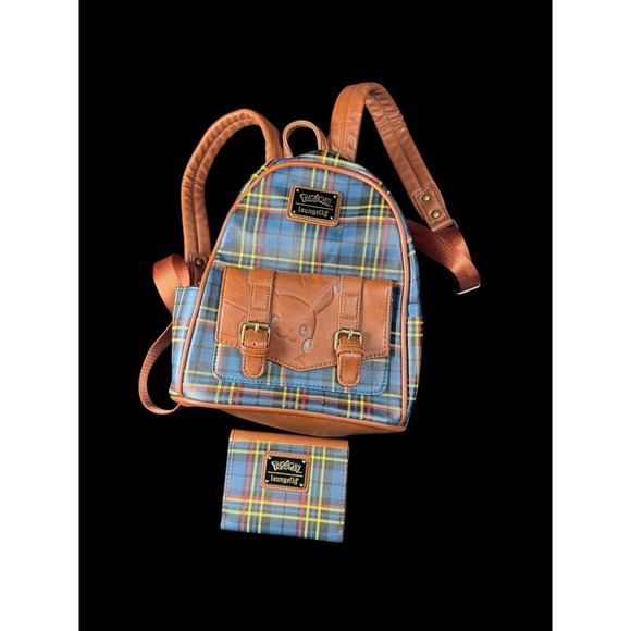 Loungefly Pokemon Pikachu Plaid Mini Backpack Wallet Set Tan Brown Blue Yellow - Picture 2 of 7